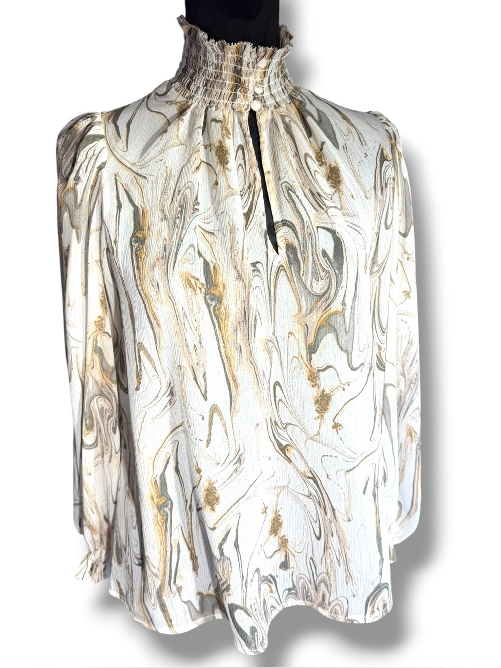 Banana Republic Marble Print Smocked High-Neck Blouse in White & Gold
